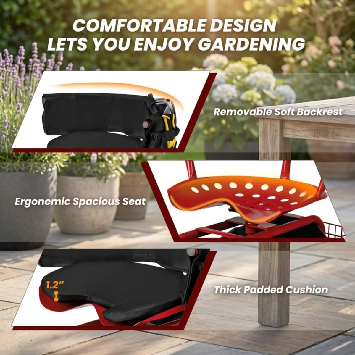 Biotree 330lbs Rolling Garden Cart with Height Adjustable 360¡ãSwivel Seat, Garden Scooter with Storage Basket, Sit Down Garden Cart with Tool Tray for Weeding Planting Gardening Red