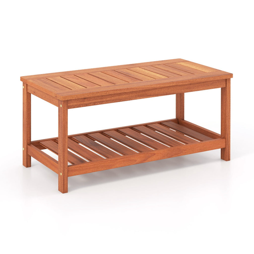 Biotree 2-Tier Patio Coffee Table with Slatted Tabletop and Shelf, Natural
