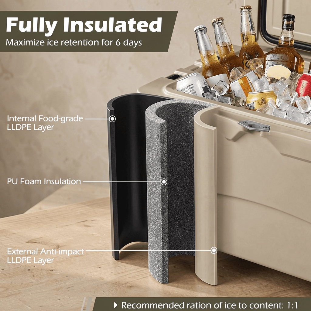 Biotree 45 Quart Portable Hard Cooler Insulated Ice Chest Keeps Cool for up to 6 Days, Khaki
