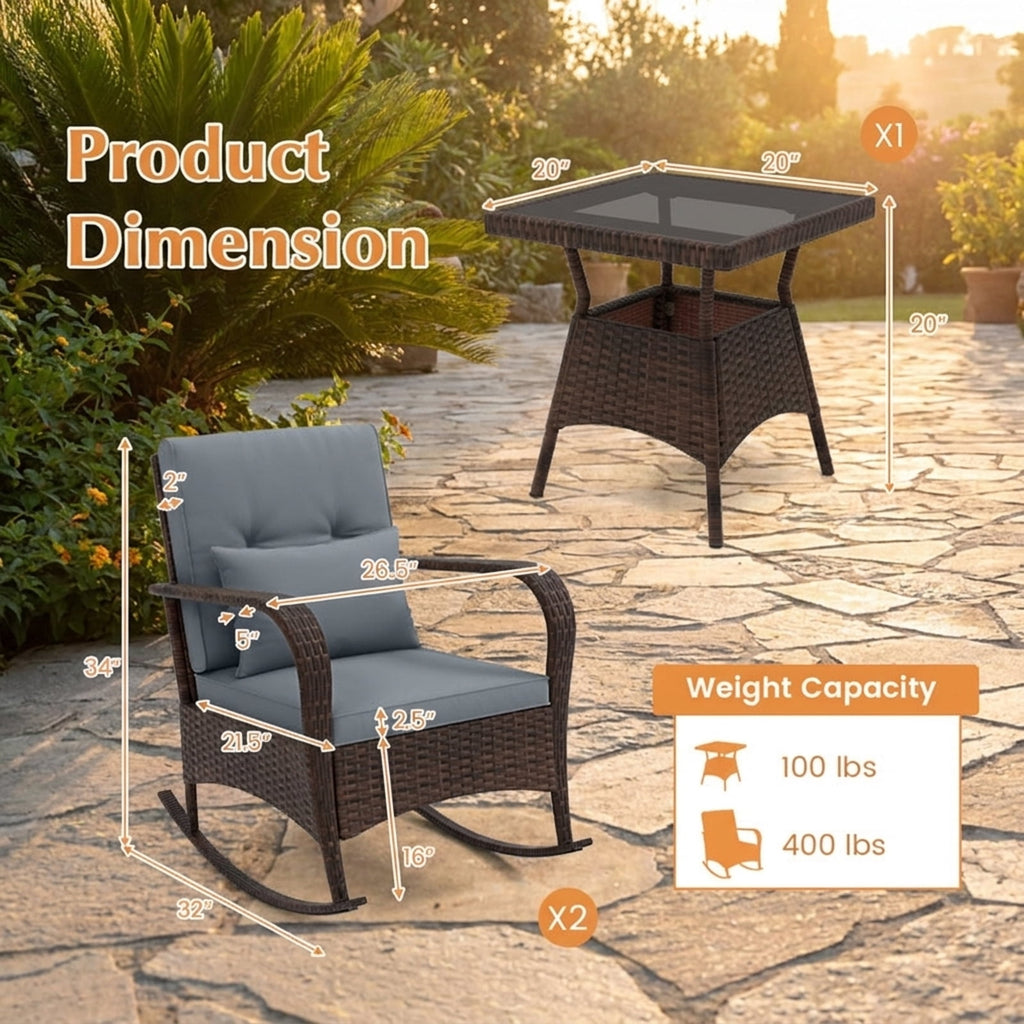 Biotree 3 Piece Outdoor Rocking Set with Tempered Glass Coffee Table for Backyard Poolside Outdoor Conversation Set for Garden Backyard PorchGray