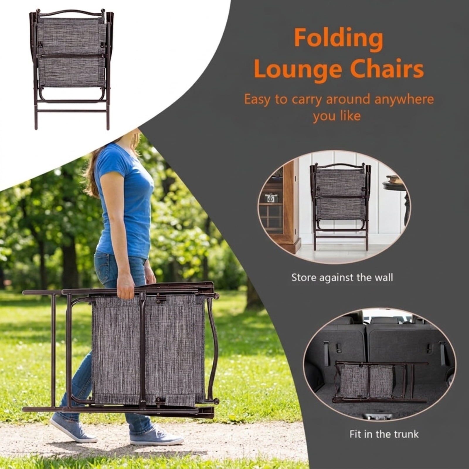 Biotree Set of 2 Patio Folding Sling Back Camping Deck Chairs Stackable Patio Chair for Garden BackyardGray