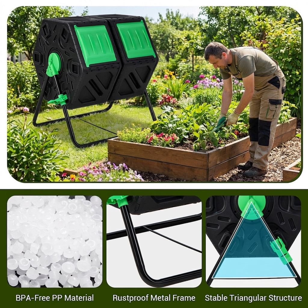 Biotree Dual Chamber Garden Compost Tumbler with Sliding Doors-Black and Green Outdoor Organic Yard Waste