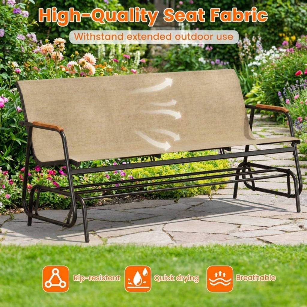 Biotree Patio Glider Bench with Curved Teak Armrests and Breathable Fabric Seat for 3 People Stackable Patio Chair for Garden BackyardBrown