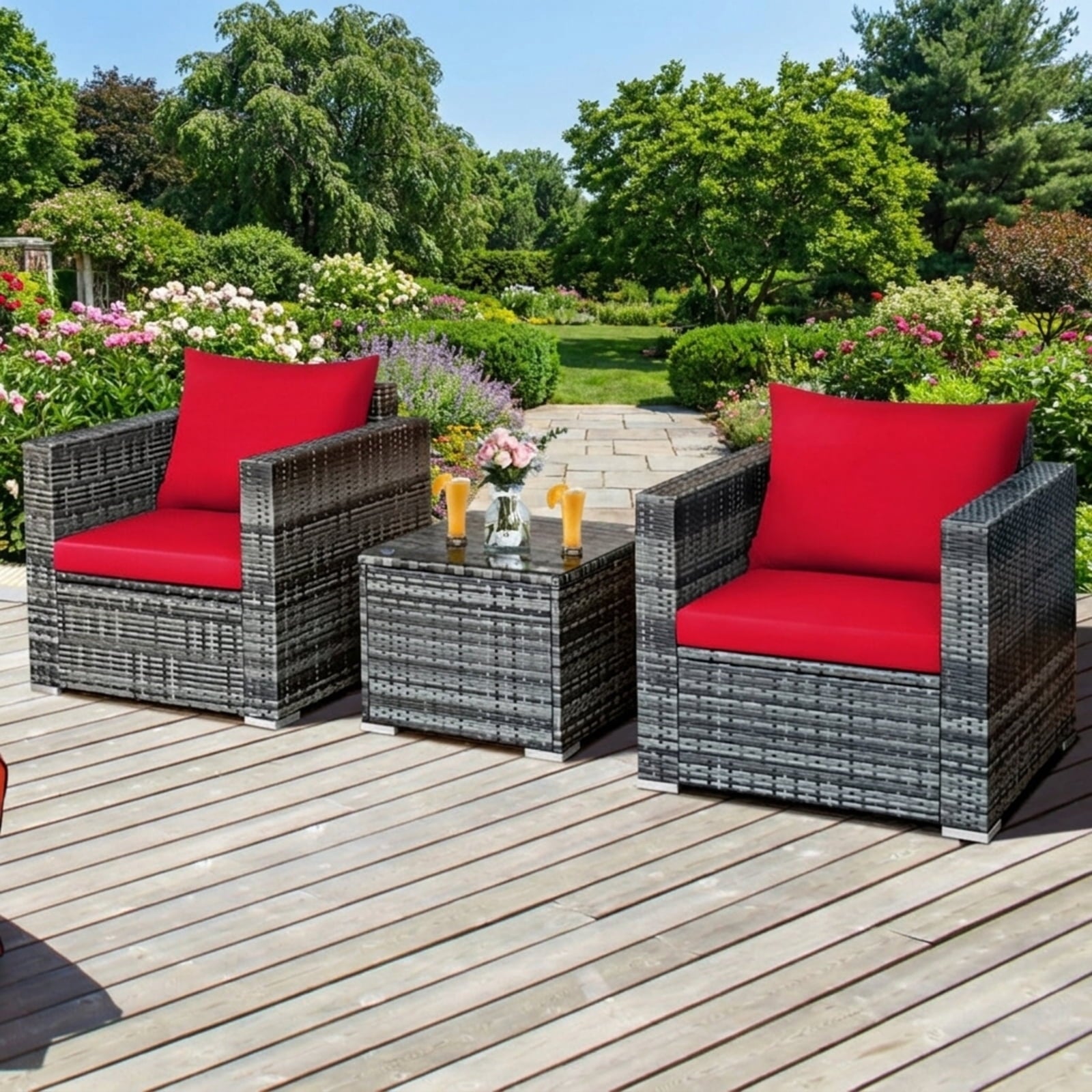 Biotree 3 Pcs Patio Rattan Furniture Bistro Sofa Set with Cushioned Outdoor Conversation Set for Garden Backyard PorchRed