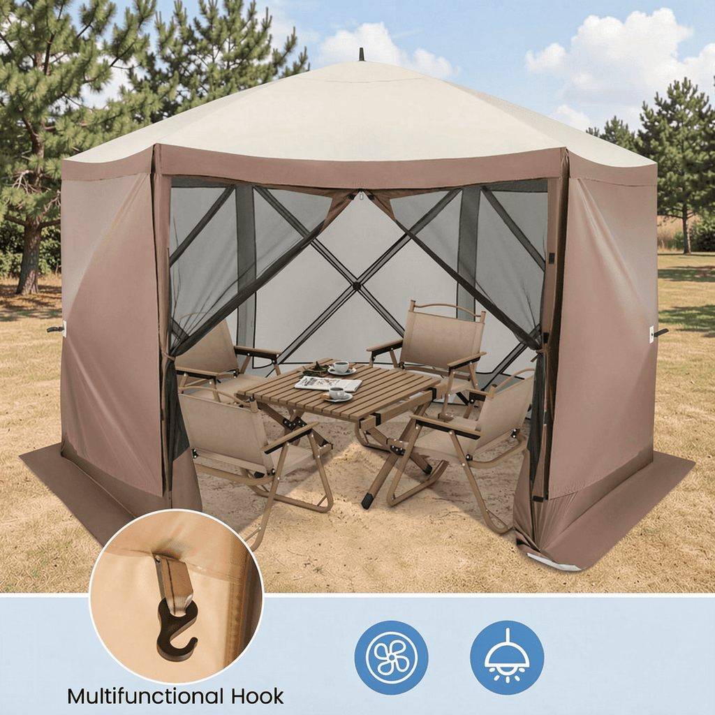 Biotree Pop-up Gazebo 6-sided Instant Setup Screen House Hub Tent with Mesh Netting Walls Brown - Outdoor Patio Backyard Garden Shade Canopy Shelter
