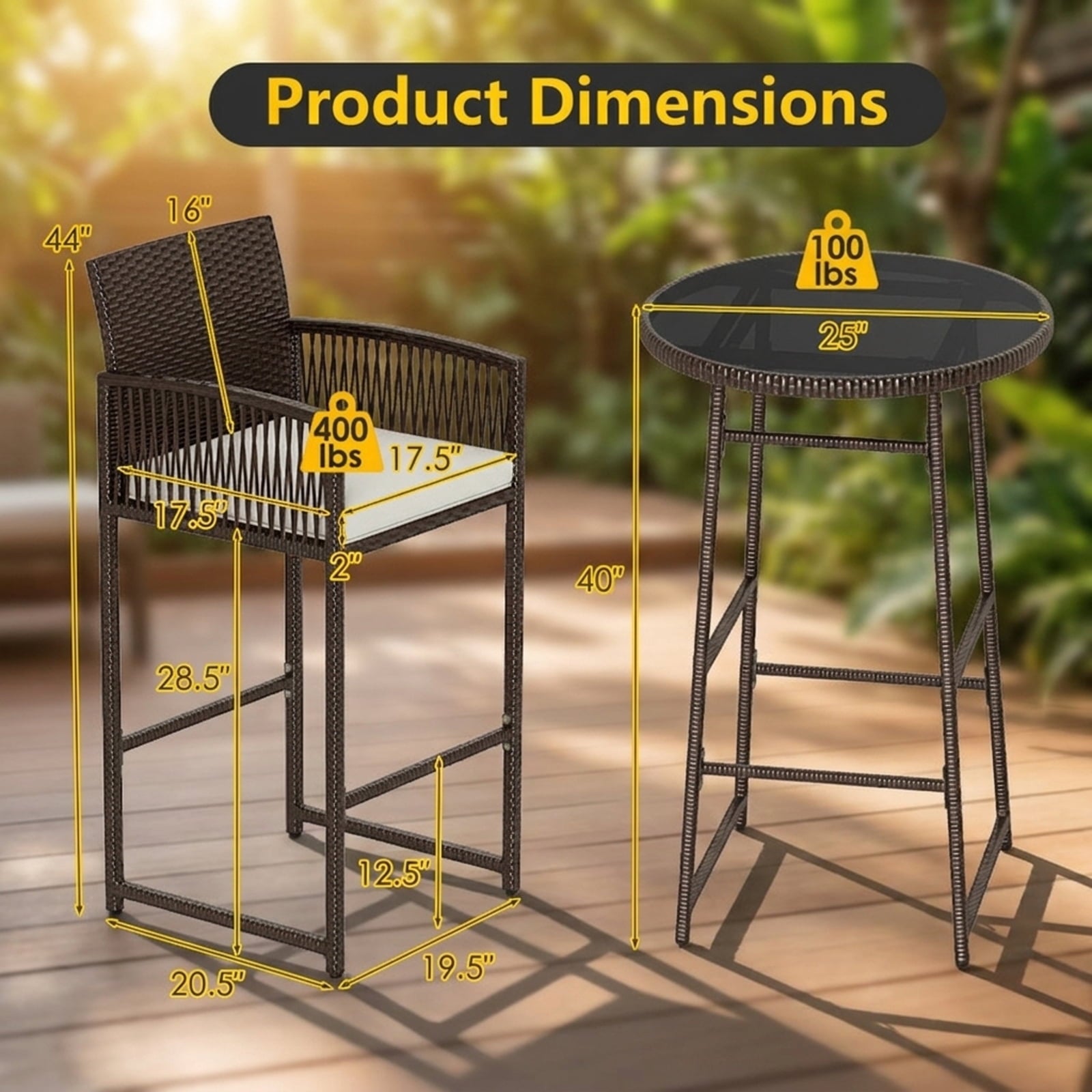 Biotree 3-Piece Patio Bar Set with Round Glass Table and Rattan Armchairs, White - Outdoor Patio Bar Height Furniture Set for Deck Garden