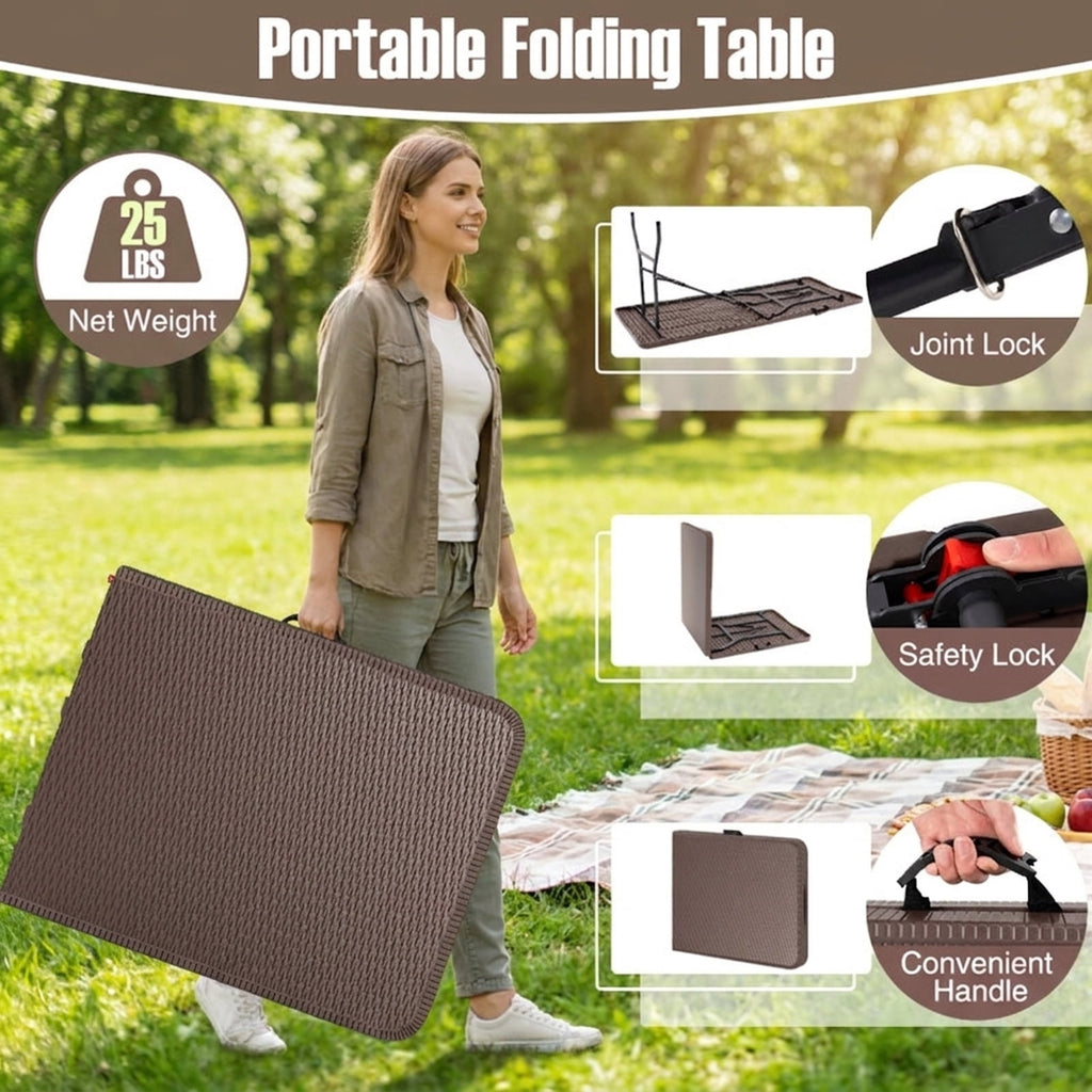Biotree 6 ft Portable Folding Table with Rattan-Like HDPE Tabletop and Safe Lock Mechanism, Coffee
