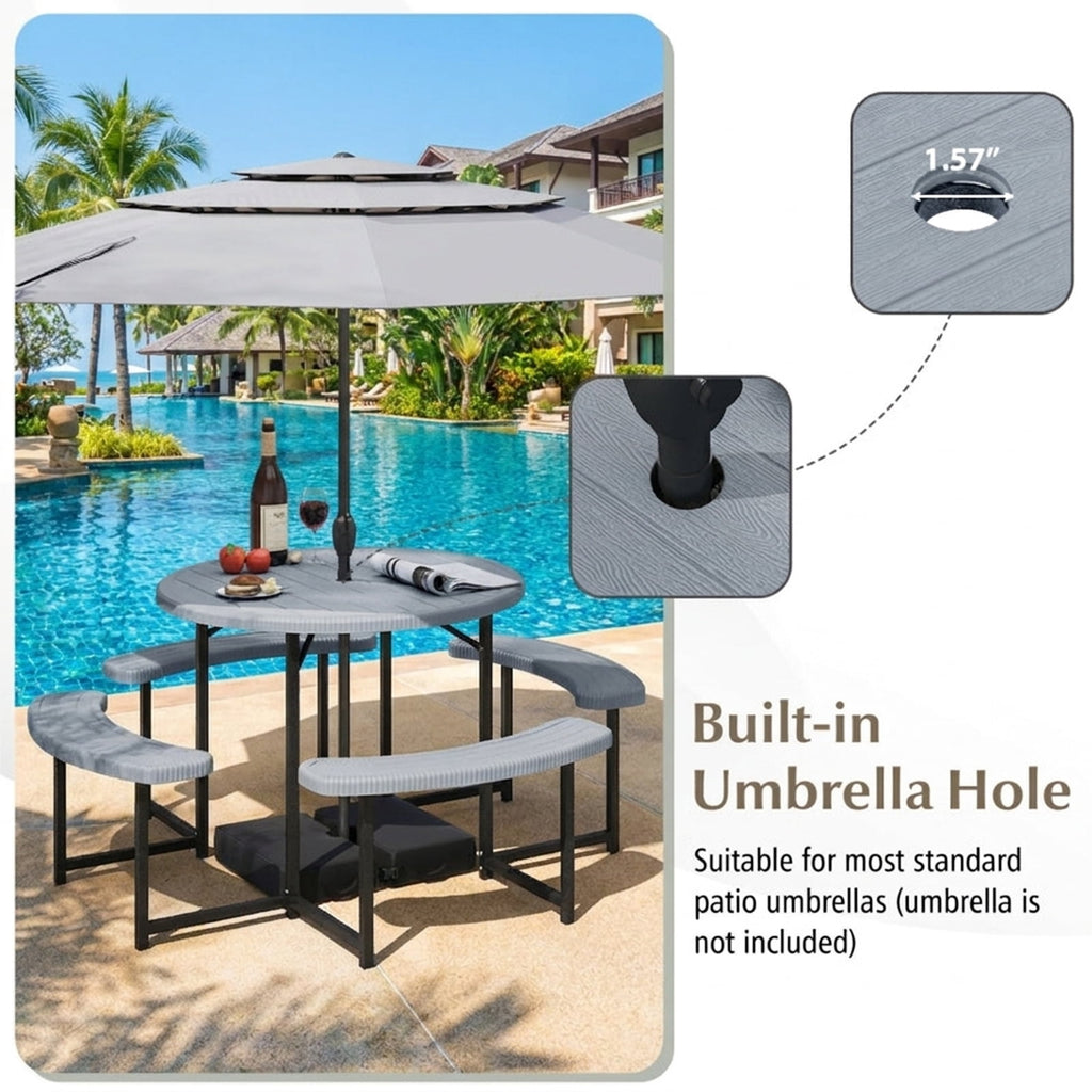 Biotree 62-Inch Round Picnic Table Bench Set with 4 Benches and Umbrella Hole for Patio Lawn, Gray