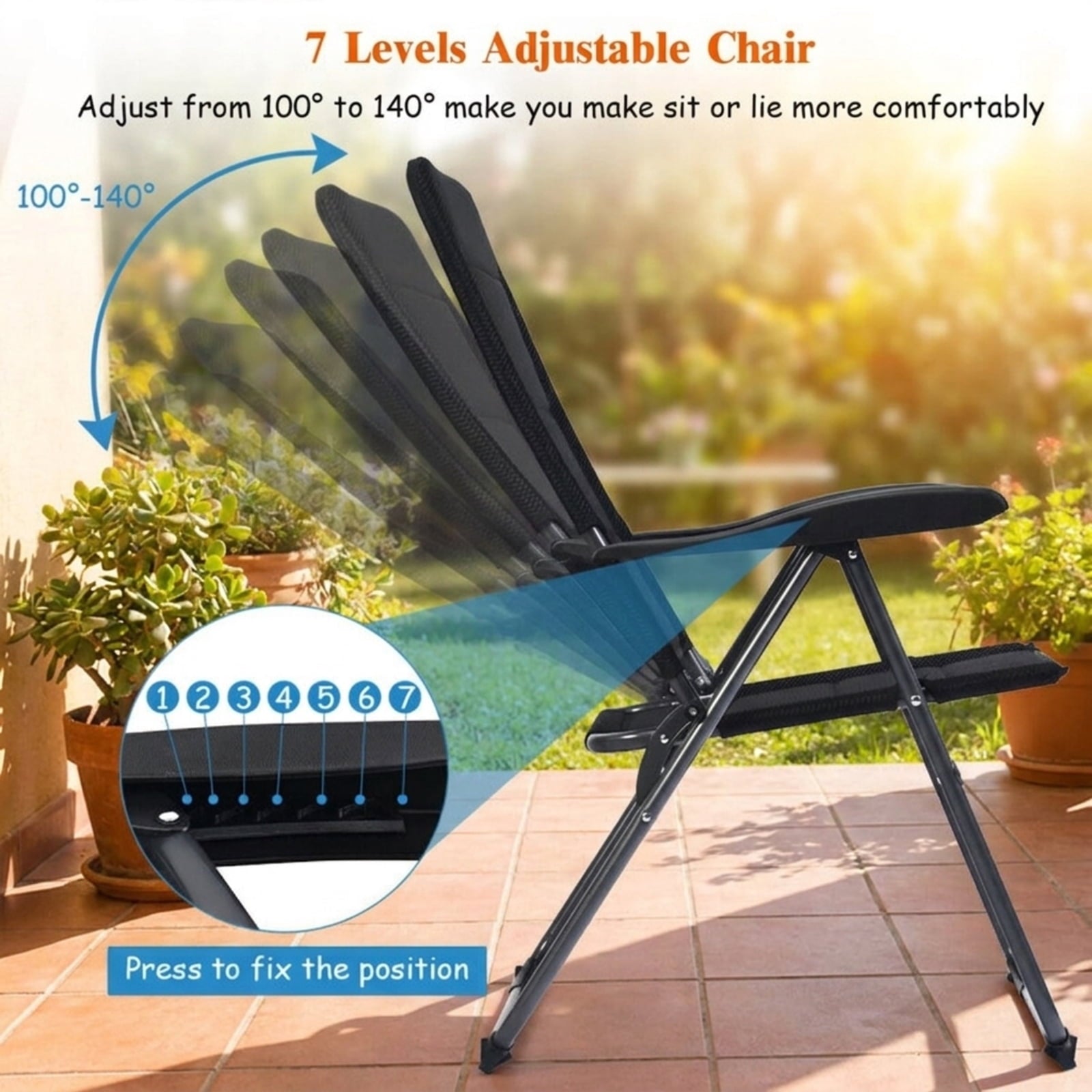Biotree Set of 4 Patio Folding Chairs with Adjustable Backrest Stackable Patio Chair for Garden BackyardBlack