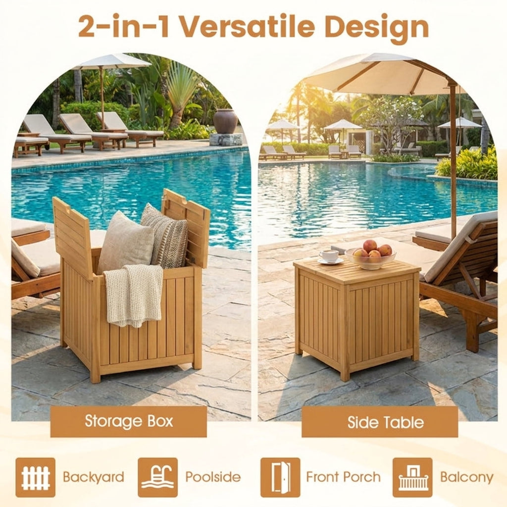 Biotree 2-in-1 Outdoor Side Table with Storage Acacia Wood Slatted Coffee Table Square Slatted End Storage Box with 2.3" Umbrella Hole, Natural