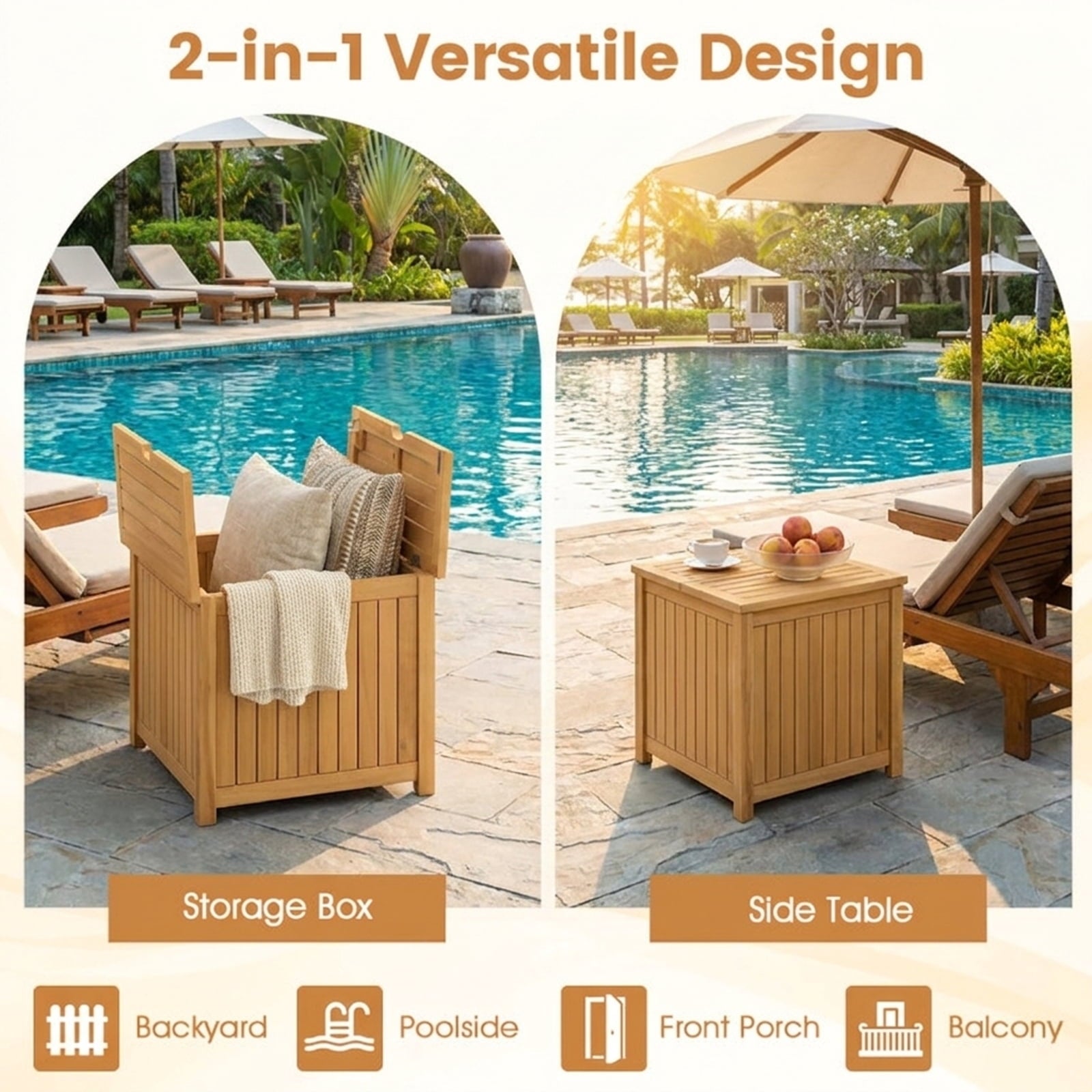 Biotree 2-in-1 Outdoor Side Table with Storage Acacia Wood Slatted Coffee Table Square Slatted End Storage Box with 2.3" Umbrella Hole, Natural