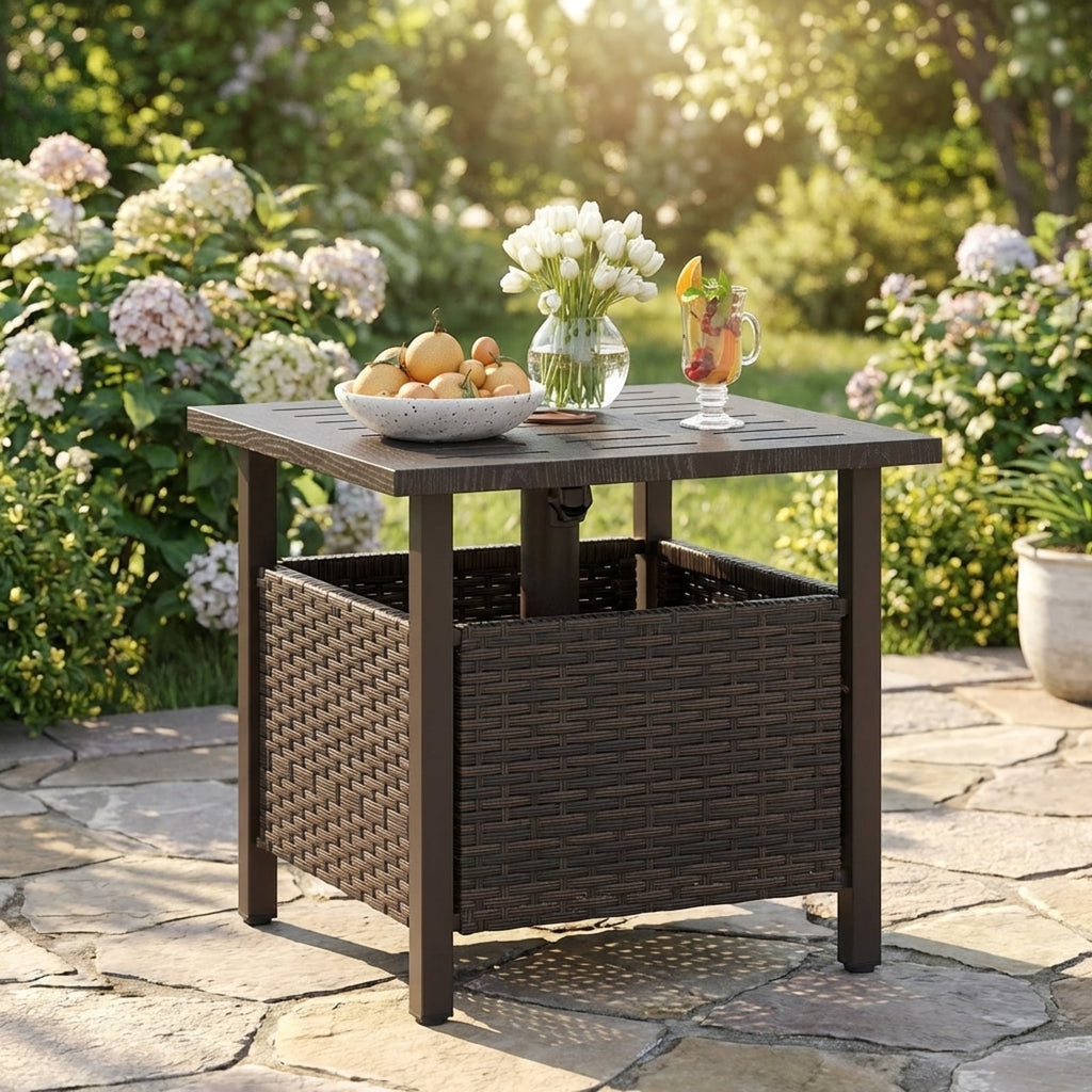 Biotree All-Weather PE Wicker Side Table with Umbrella Hole-Brown