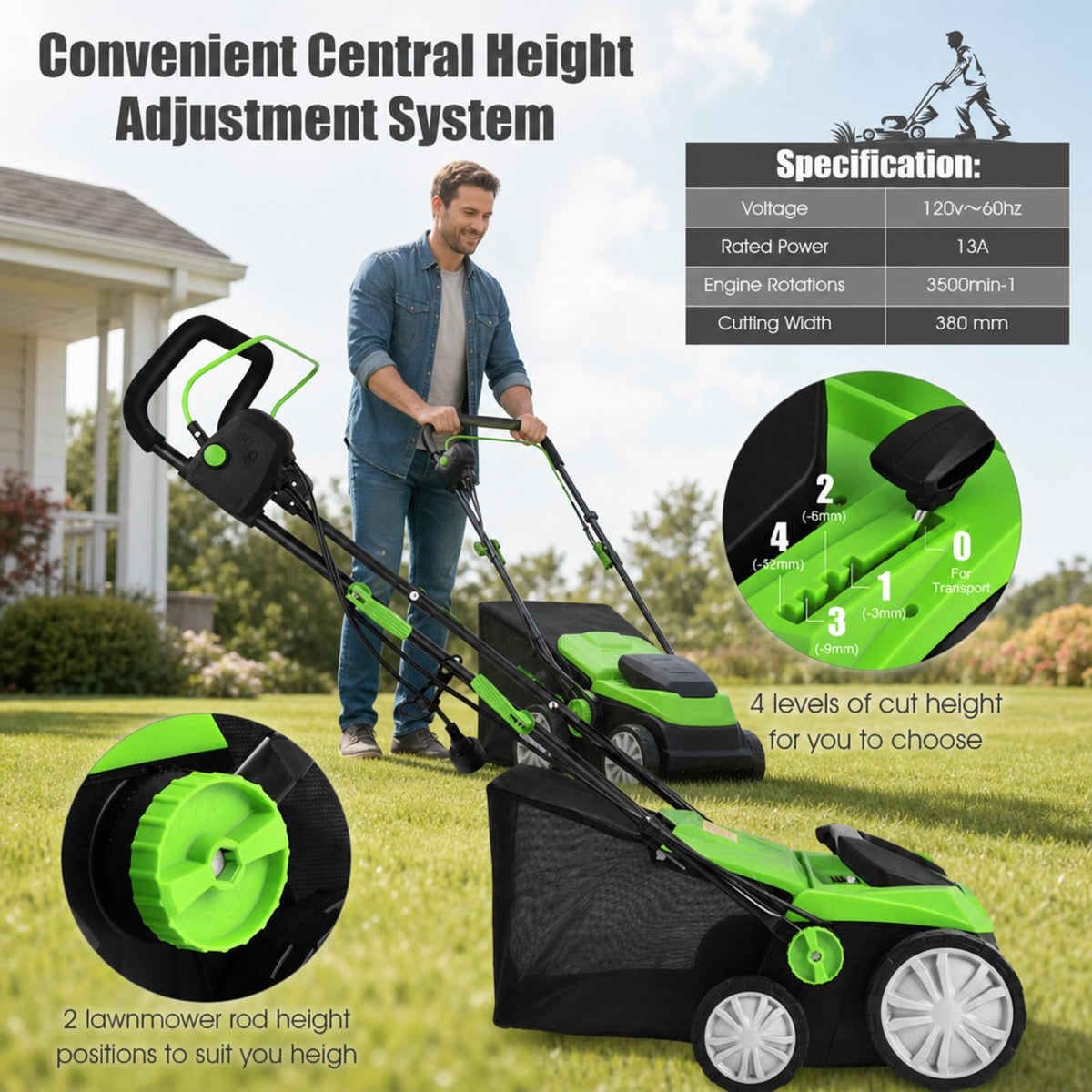 Biotree 15" 13 Amp Electric Lawn Dethatcher Scarifier, Corded Lawn Rake with 4-Position Height Adjustment, Removable Blades and 50L Collection Bag for Lawn Care Yard Renovation Green