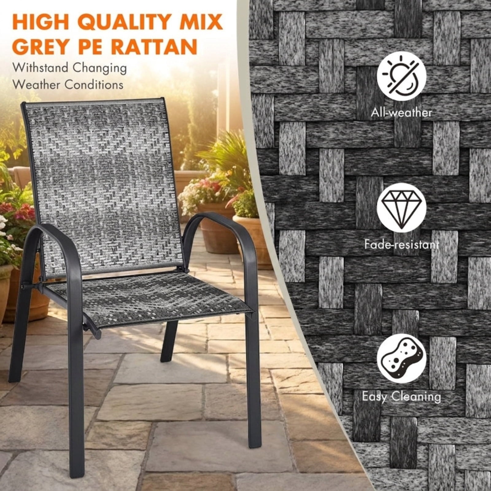 Biotree Set of 6 Outdoor PE Wicker Stackable Chairs with Sturdy Steel Frame Stackable Patio Chair for Garden BackyardGray