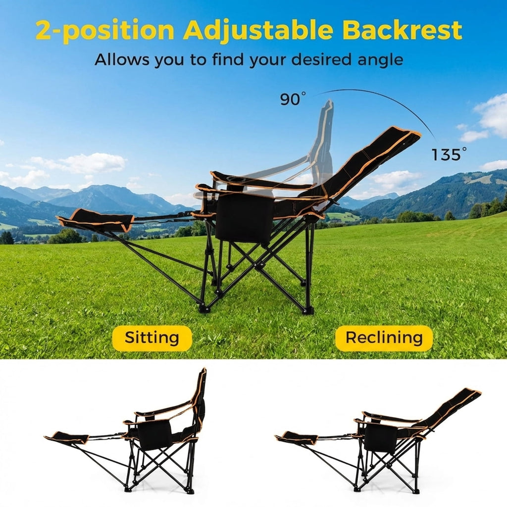 Biotree Reclining Folding Camp Chair with Retractable Footrest and Cooler Bag 2-Position Adjustable Lounge Chair for Outdoor, Black