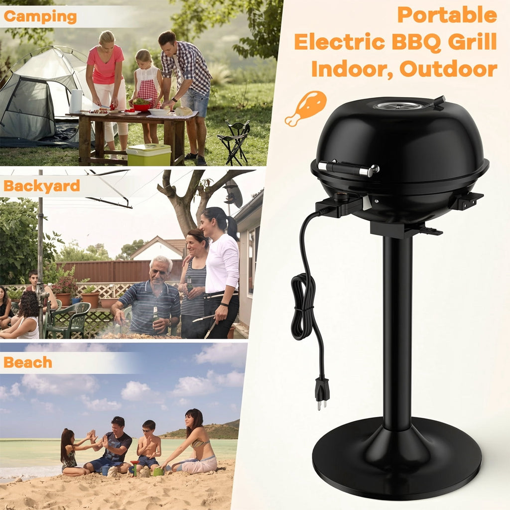 Biotree 1600W Portable Electric BBQ Grill with Removable Non-Stick Rack-Black Outdoor Cooking Patio Summer