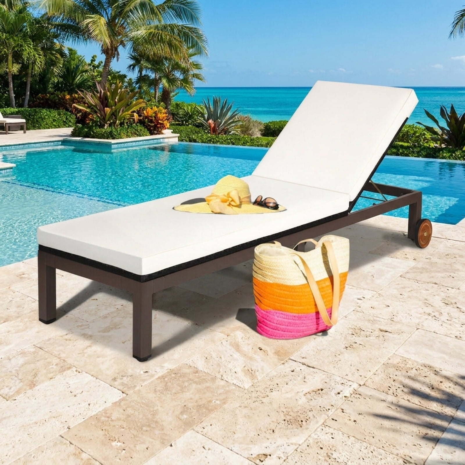 Biotree Back Adjustable Cushioned Patio Rattan Lounge Chair Stackable Patio Chair for Garden BackyardWhite