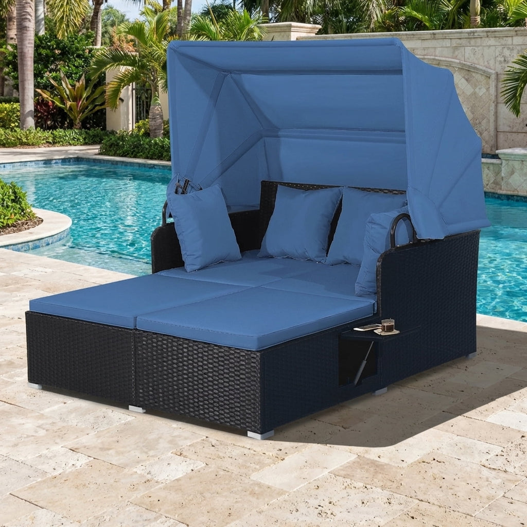 Biotree Patio Rattan Daybed with Retractable Canopy-Navy