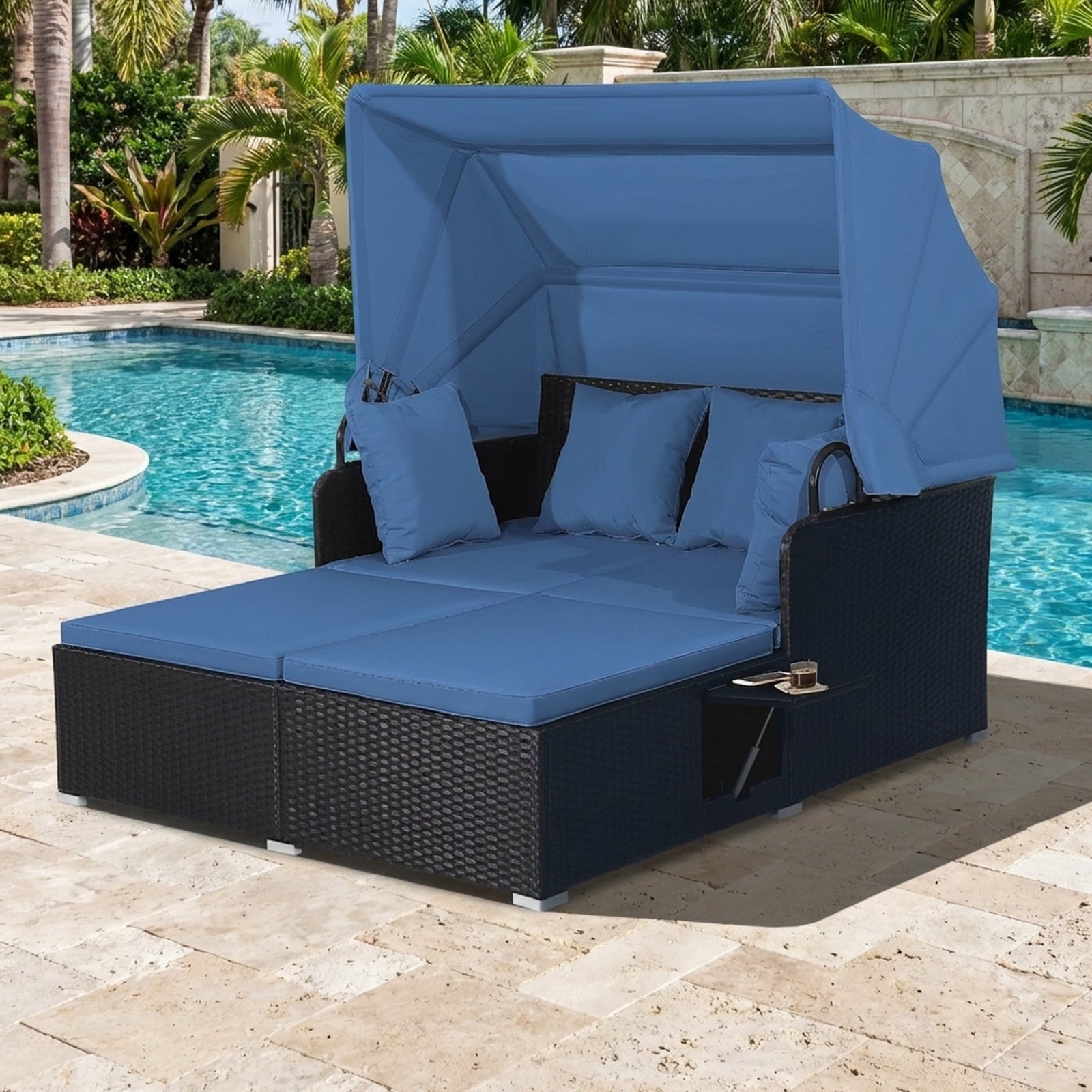 Biotree Patio Rattan Daybed with Retractable Canopy-Navy