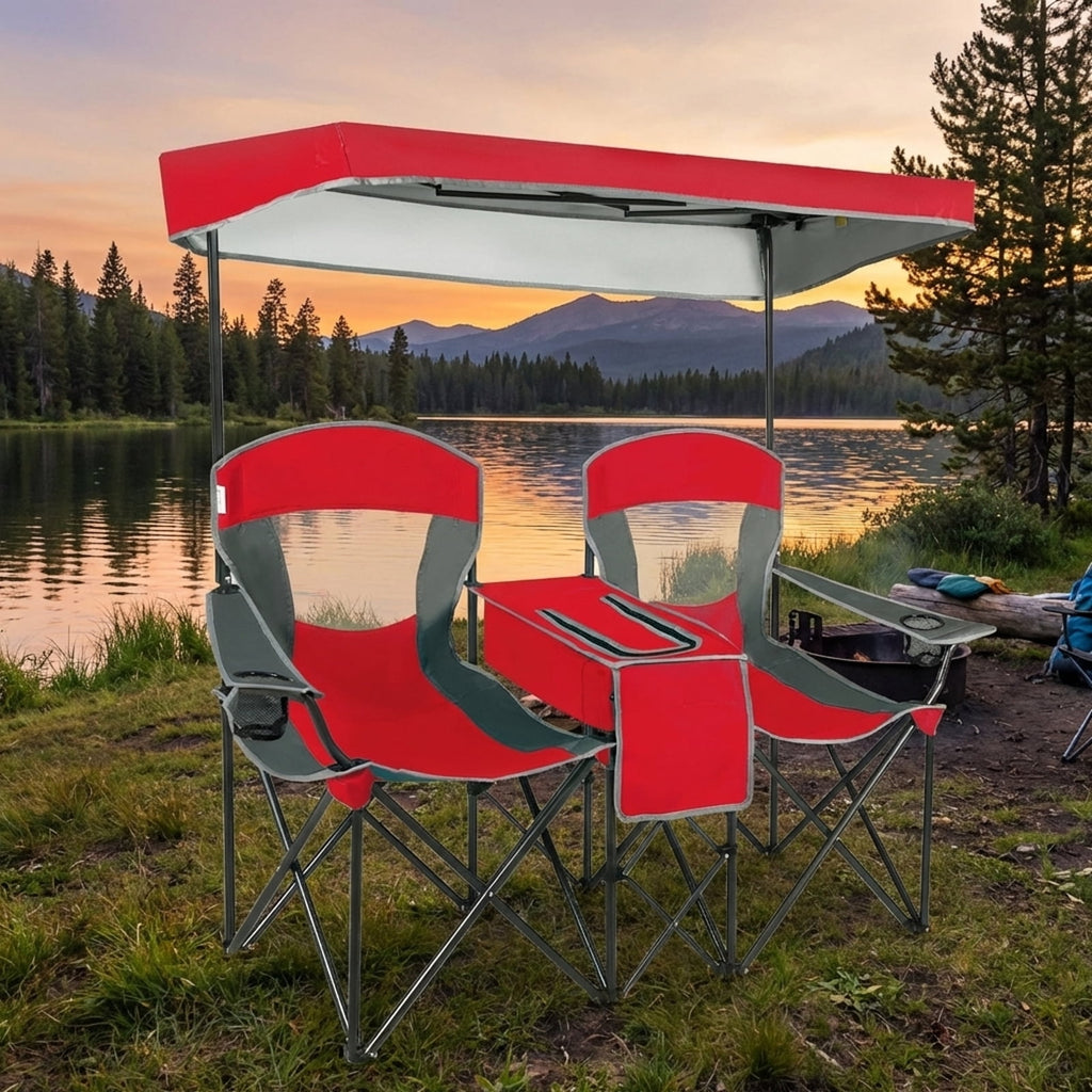 Biotree Folding Camping Chair with Sun Shade Canopy and Cup Holder 2-Person Portable Outdoor Double Chair for Beach Picnic, Red
