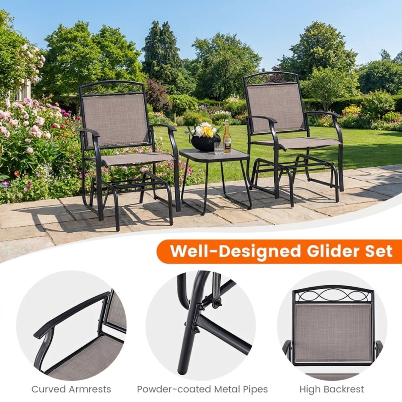 Biotree Set of 2 Outdoor Metal Glider Armchairs with Weather Stackable Patio Chair for Garden Backyardresistant Fabric