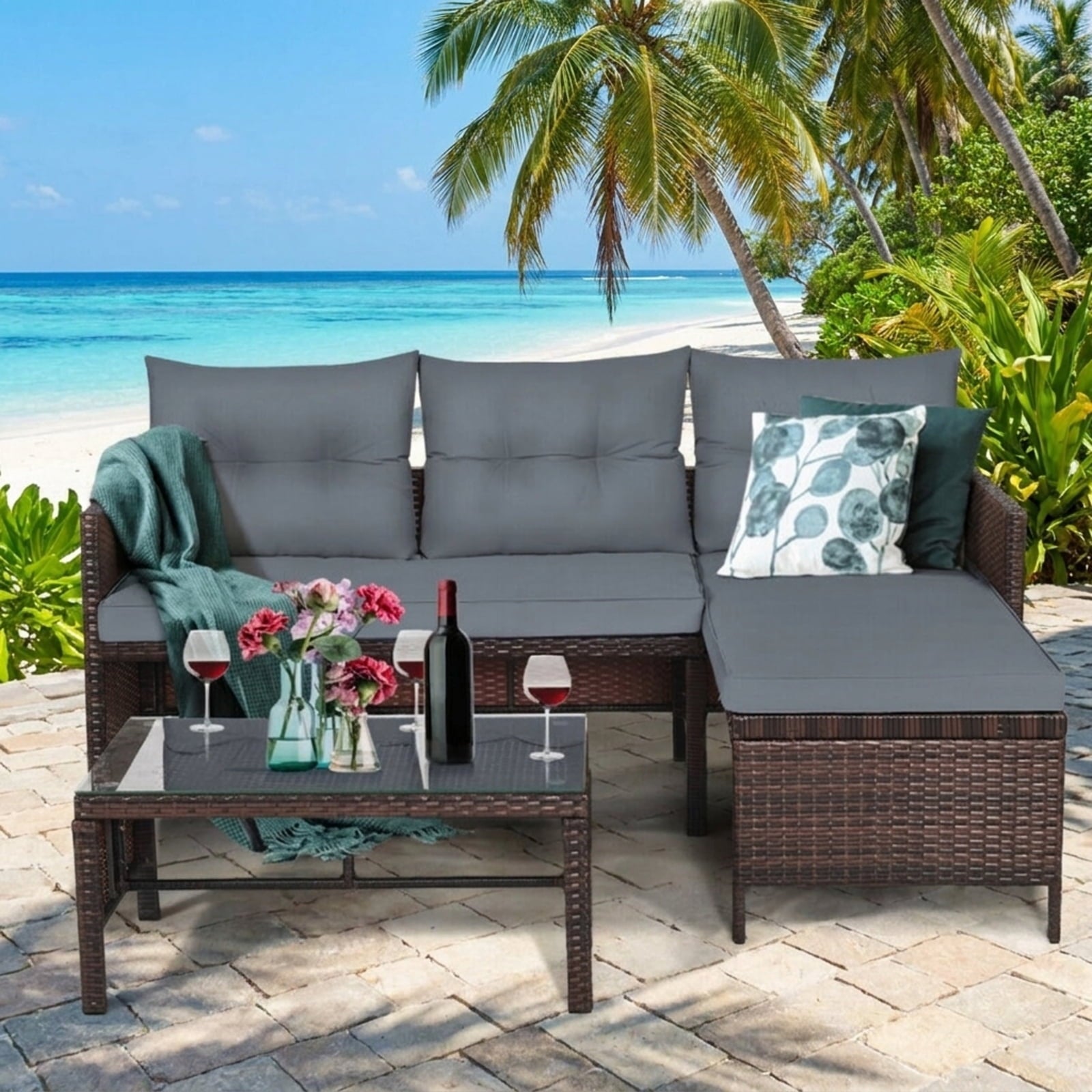 Biotree 3 Pieces Patio Wicker Rattan Sofa Set Outdoor Conversation Set for Garden Backyard PorchGray