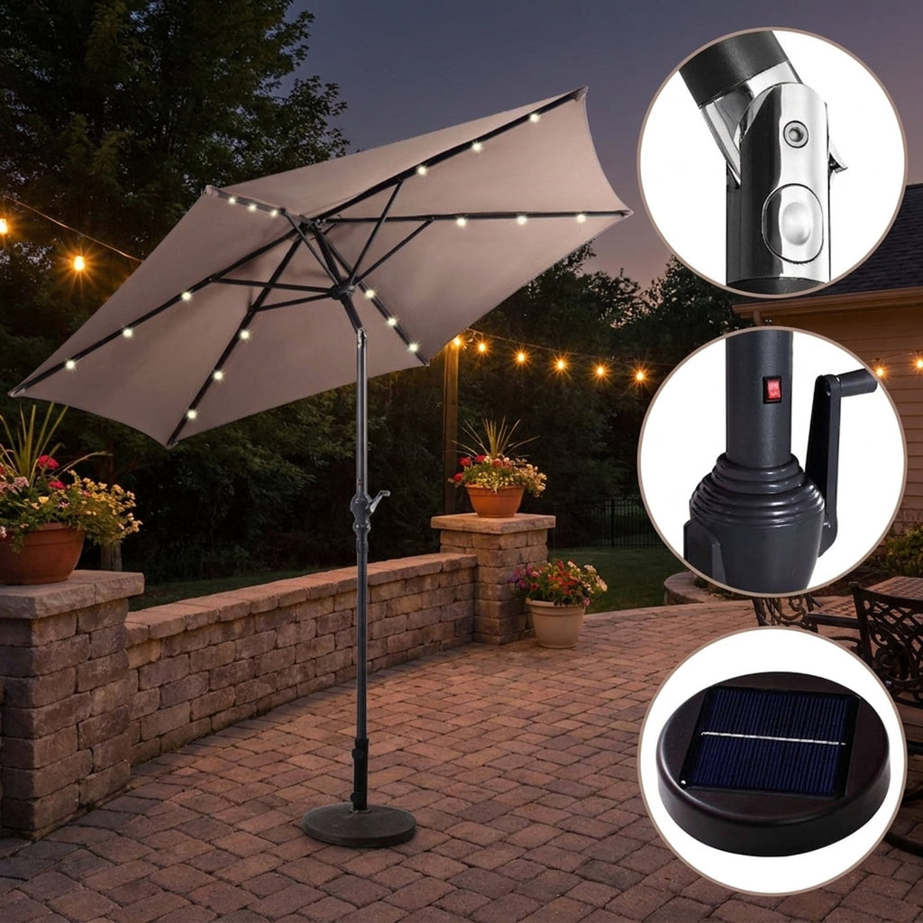 Biotree 9 ft Solar LED Market Patio Umbrella with Crank and Tilt, 6 Sturdy Ribs, Vented Canopy - Blue