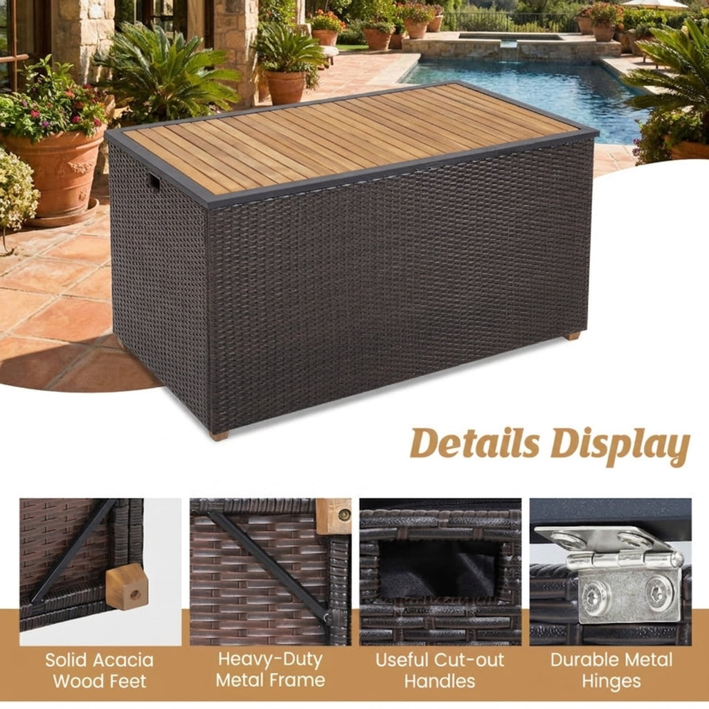 Biotree 134 Gallon Rattan Storage Box with Zippered Liner and Solid Acacia Wood Top Outdoor Waterproof for Patio Deck Garden Cushions, Brown