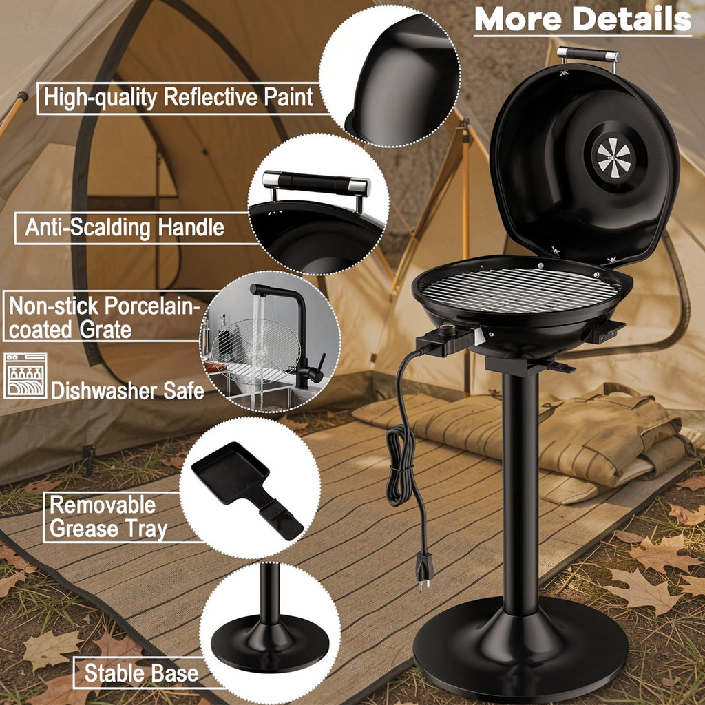 Biotree 1600W Portable Electric BBQ Grill with Removable Non-Stick Rack-Black Outdoor Cooking Patio Summer
