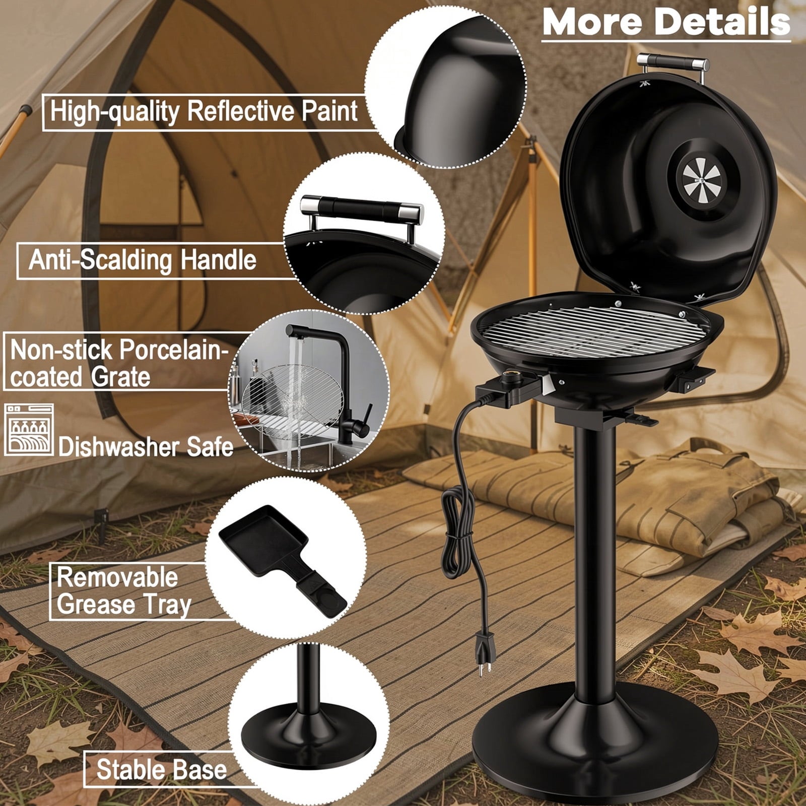 Biotree 1600W Portable Electric BBQ Grill with Removable Non-Stick Rack-Black Outdoor Cooking Patio Summer