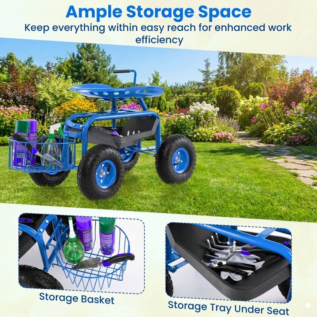 Biotree Extendable Handle Garden Cart Rolling Wagon Scooter for Garden Yard Lawn Work Outdoor, Blue