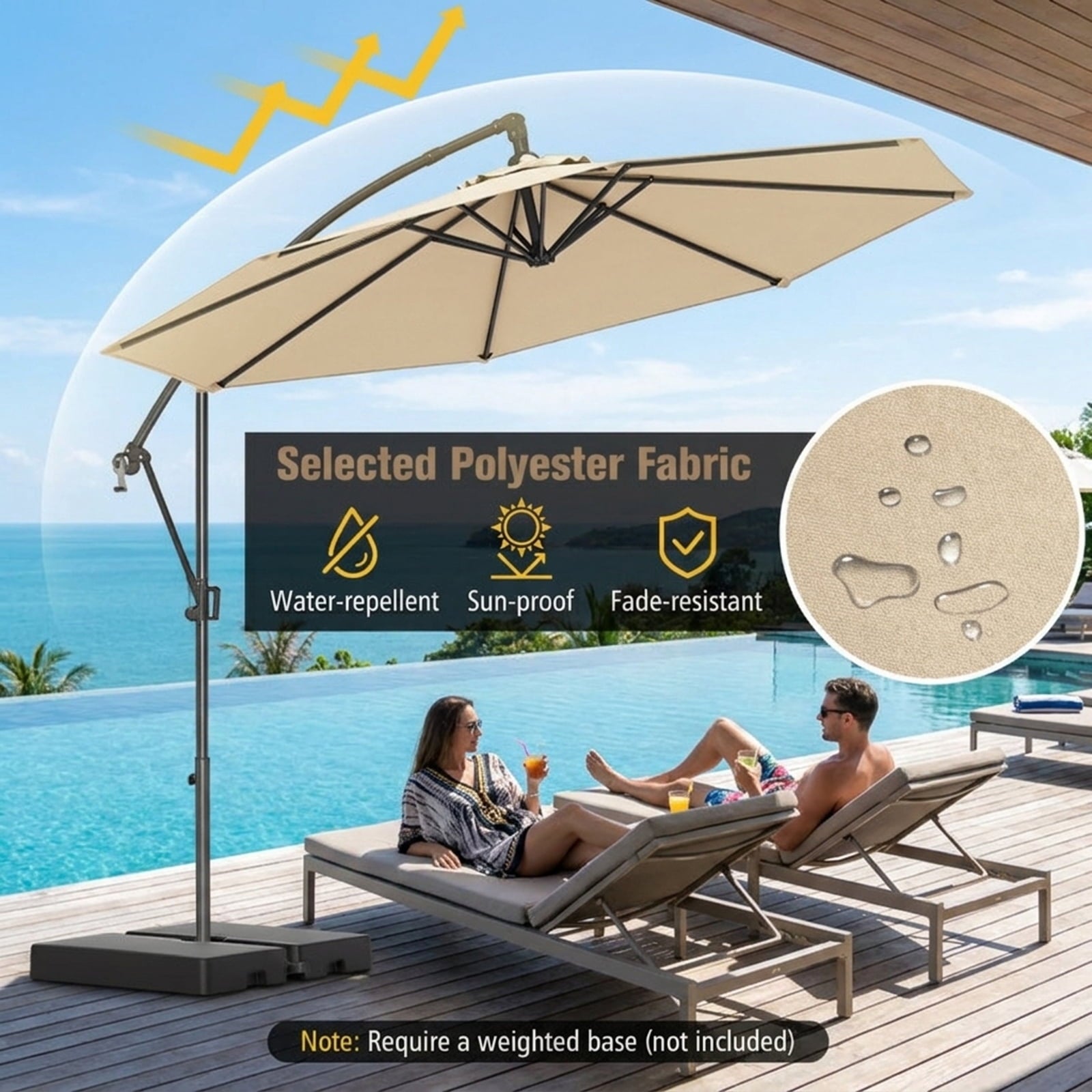 Biotree 10 ft Cantilever Patio Umbrella Offset Hanging with Cross Base, 8 Ribs - Beige for Backyard Garden Poolside
