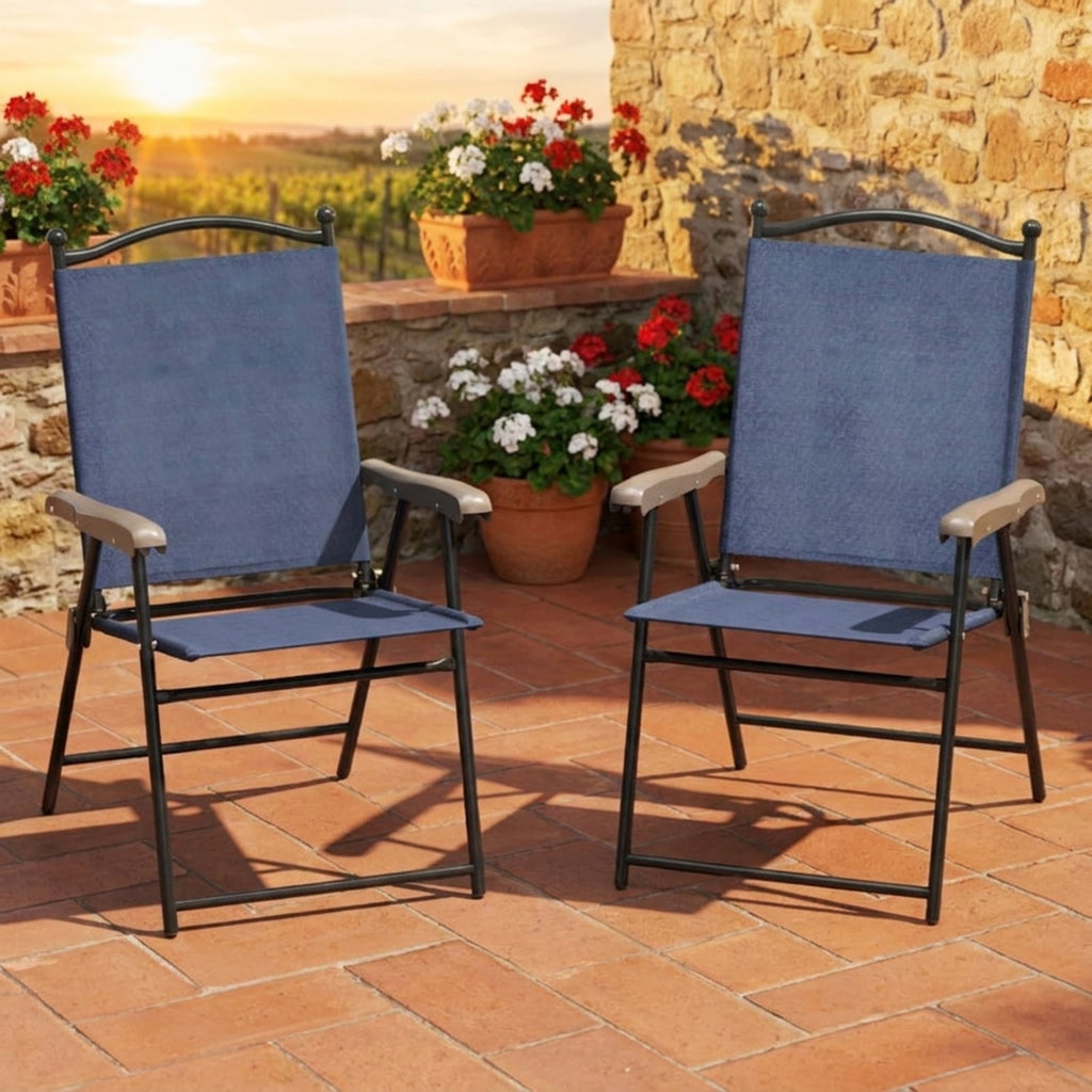 Biotree Set of 2 Patio Folding Sling Back Camping Deck Chairs Stackable Patio Chair for Garden BackyardNavy