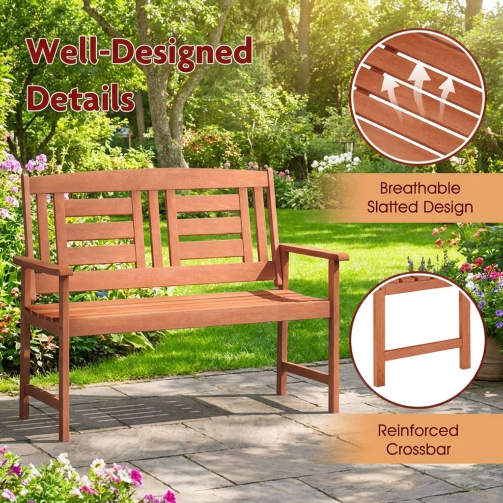 Biotree Outdoor Solid Wood Loveseat Hardwood 2-Seat Bench with Inclined Backrest and Slatted SeatTeak