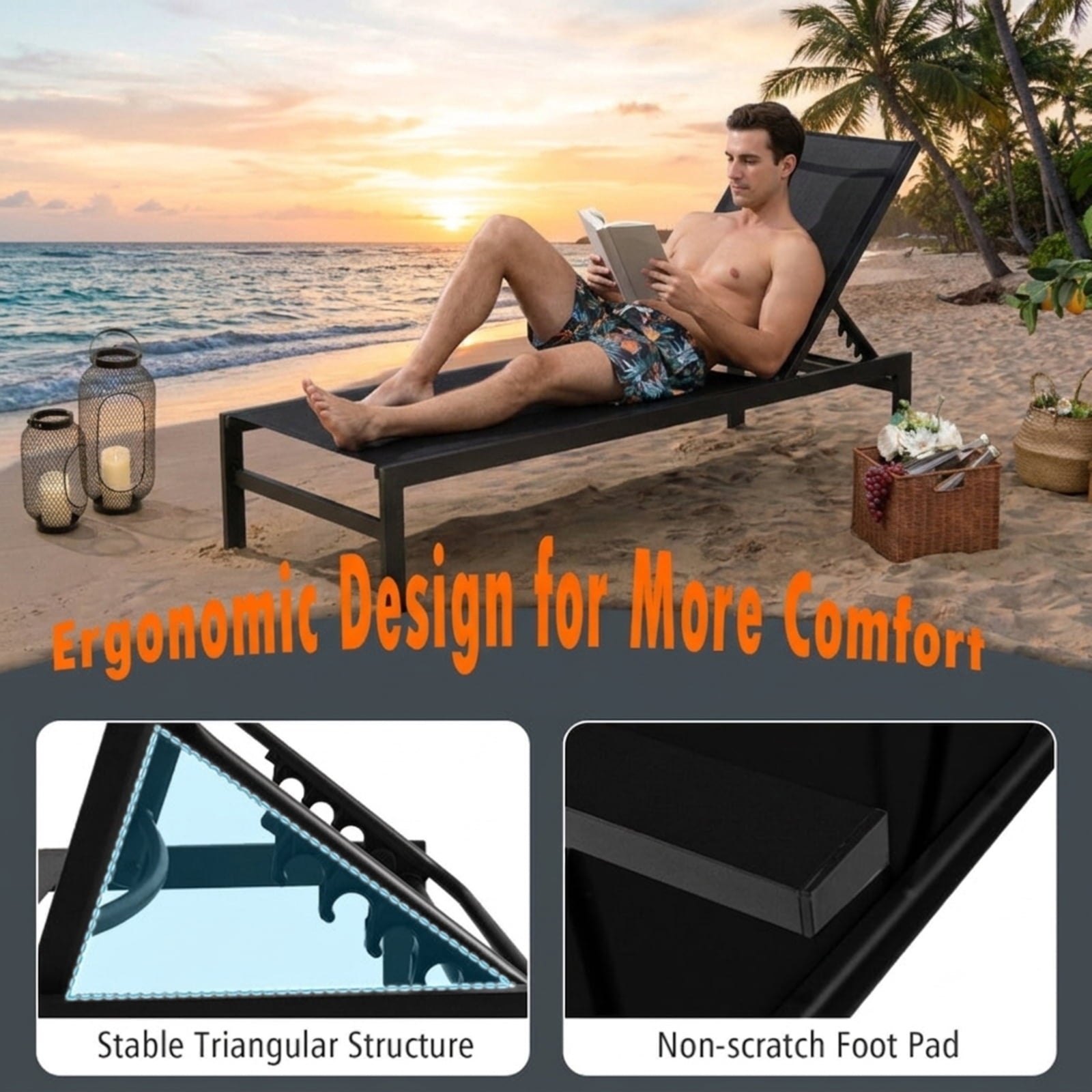 Biotree 6-Position Chaise Lounge Chairs with Rustproof Aluminium Frame Stackable Patio Chair for Garden BackyardBlack