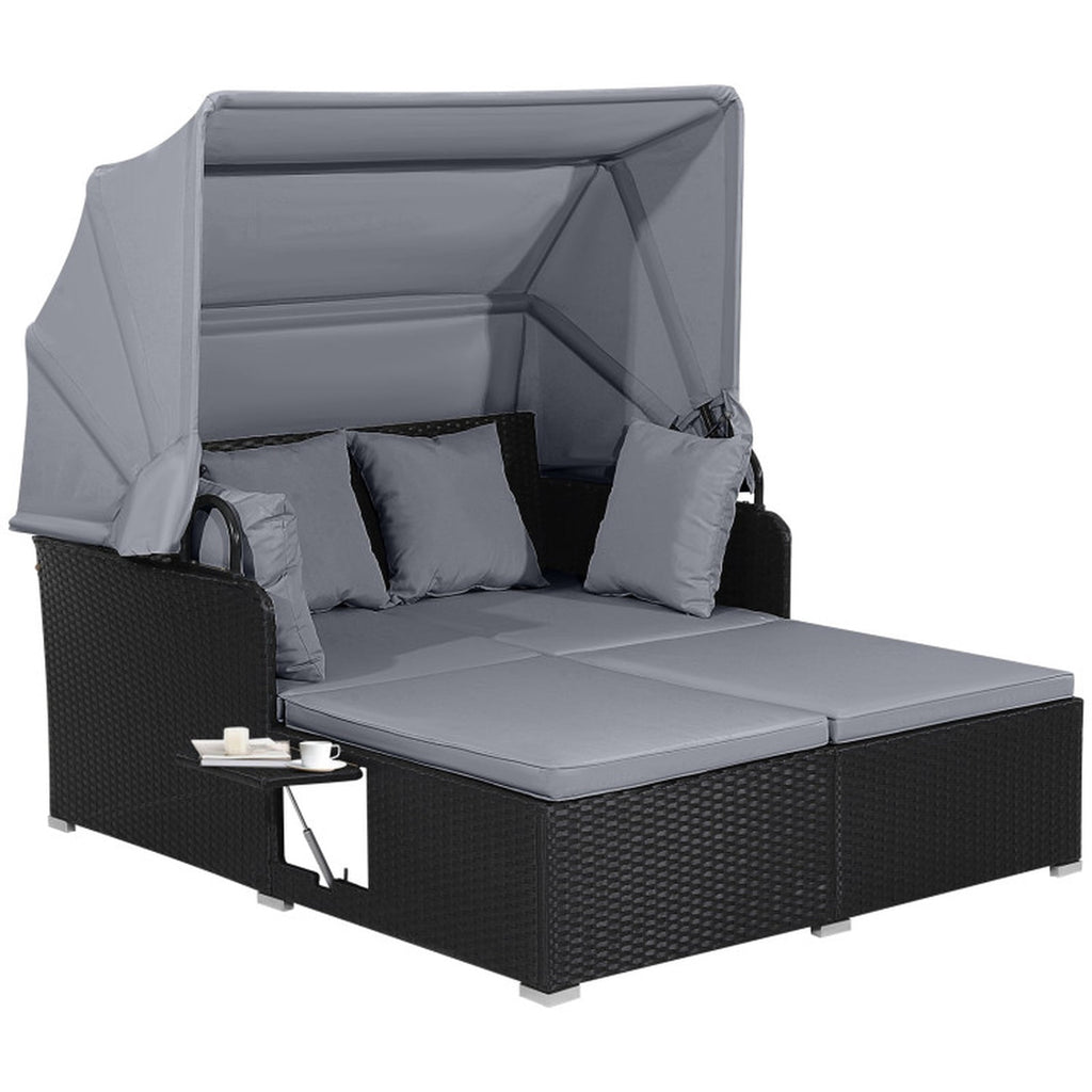 Biotree Patio Rattan Daybed with Retractable Canopy and Side Tables Outdoor Conversation Set for Garden Backyard PorchGray