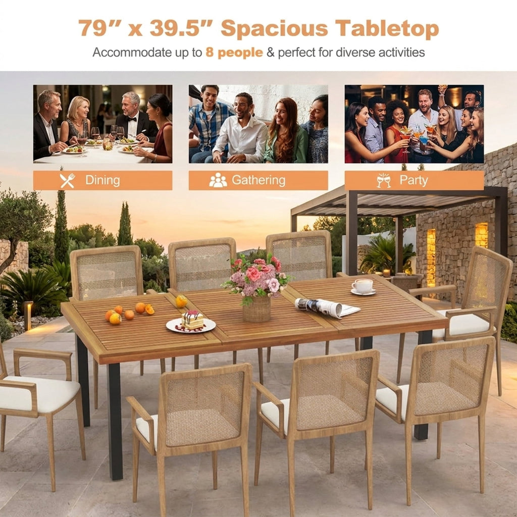 Biotree 79 Inch Acacia Wood Dining Table 8-Person Patio Table with 1.9 Inch Umbrella Hole and Adjustable Foot PadsNatural Black