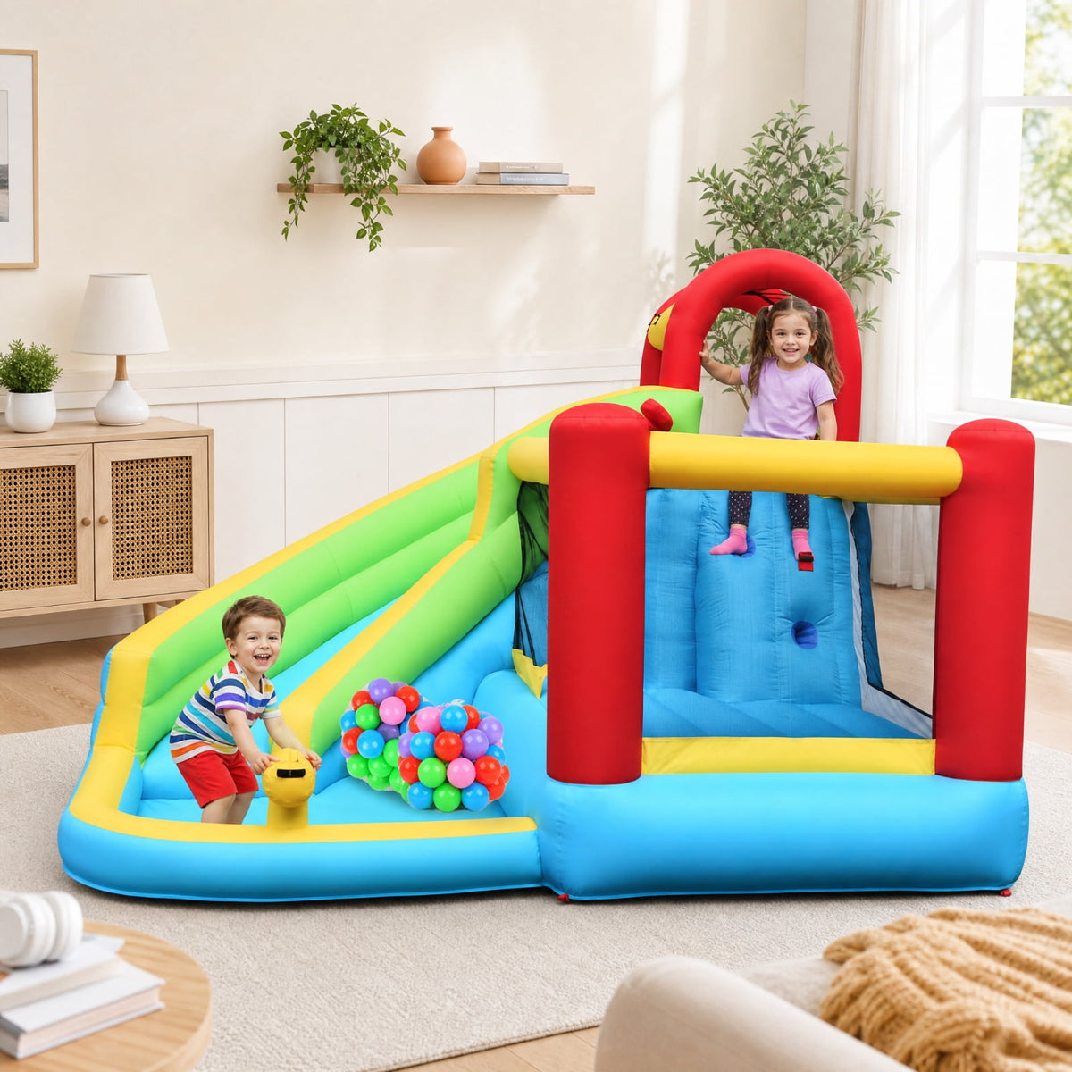Biotree 6-in-1 Inflatable Bounce House with Water Slide, Climbing Wall, Splash Pool and Basketball Hoop for Backyard, Multicolor