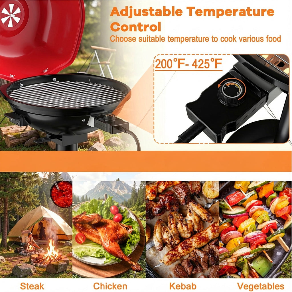 Biotree 1600W Portable Electric BBQ Grill with Removable Non-Stick Rack-Black and Red Outdoor Cooking Patio