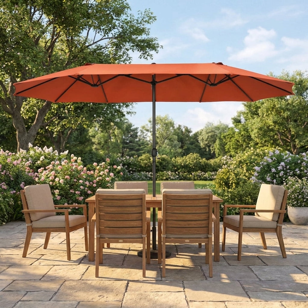 Biotree 15 ft Double-Sided Twin Patio Umbrella Crank Tilt Outdoor Shade - Orange - UV Protection with Cross Base