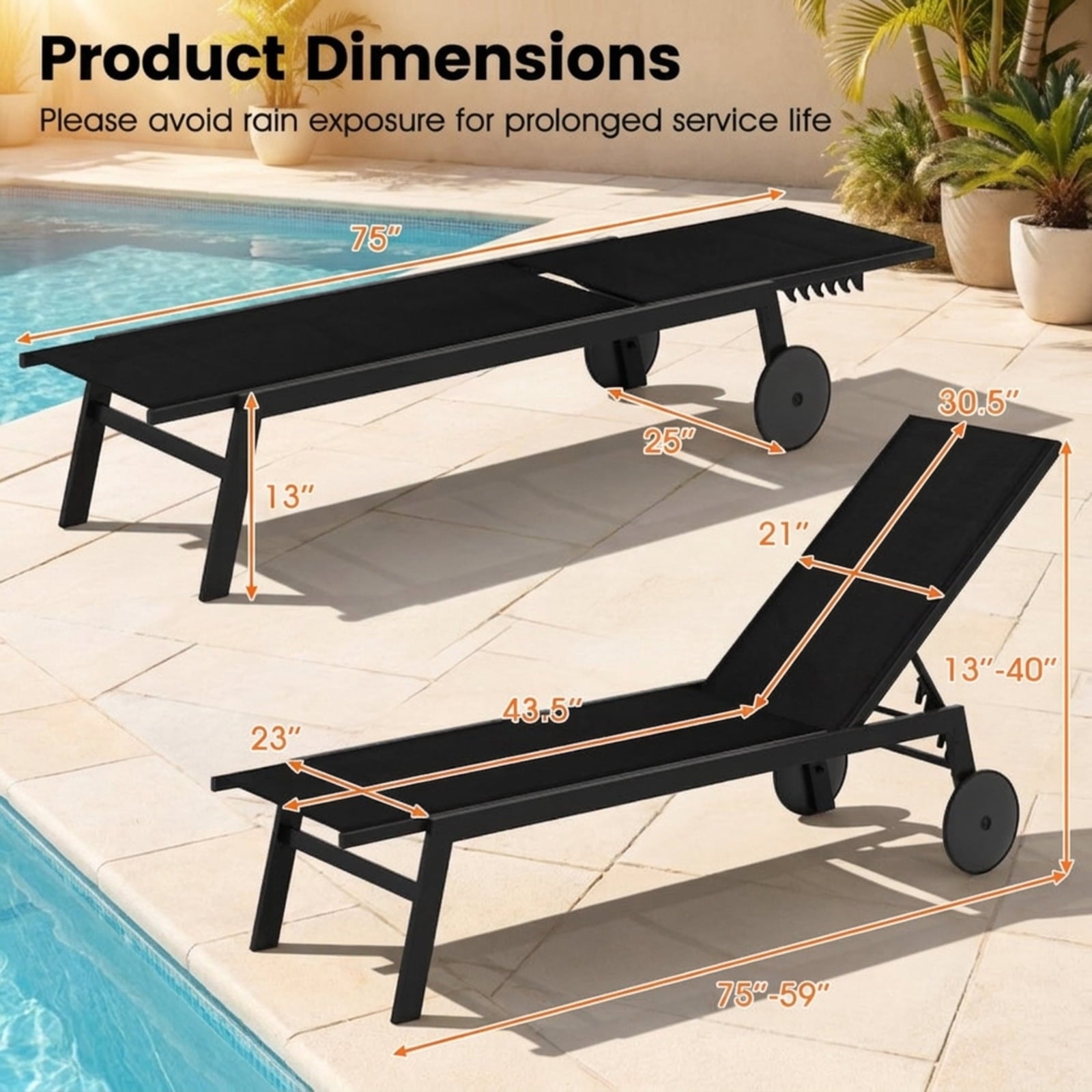Biotree Patio Chaise Lounge Chair with Wheels and 6-Level Adjustable Backrest Set of 1 Stackable Patio Chair for Garden BackyardBlack