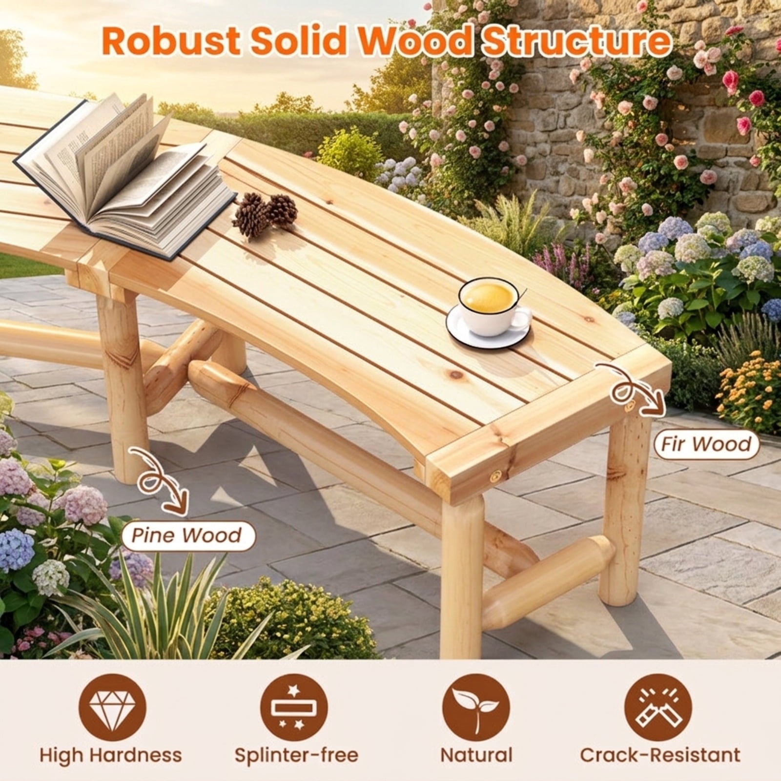 Biotree Patio Curved Bench Solid Wood Fire Pit Bench Outdoor Backless Loveseat Stackable Patio Chair for Garden BackyardNatural