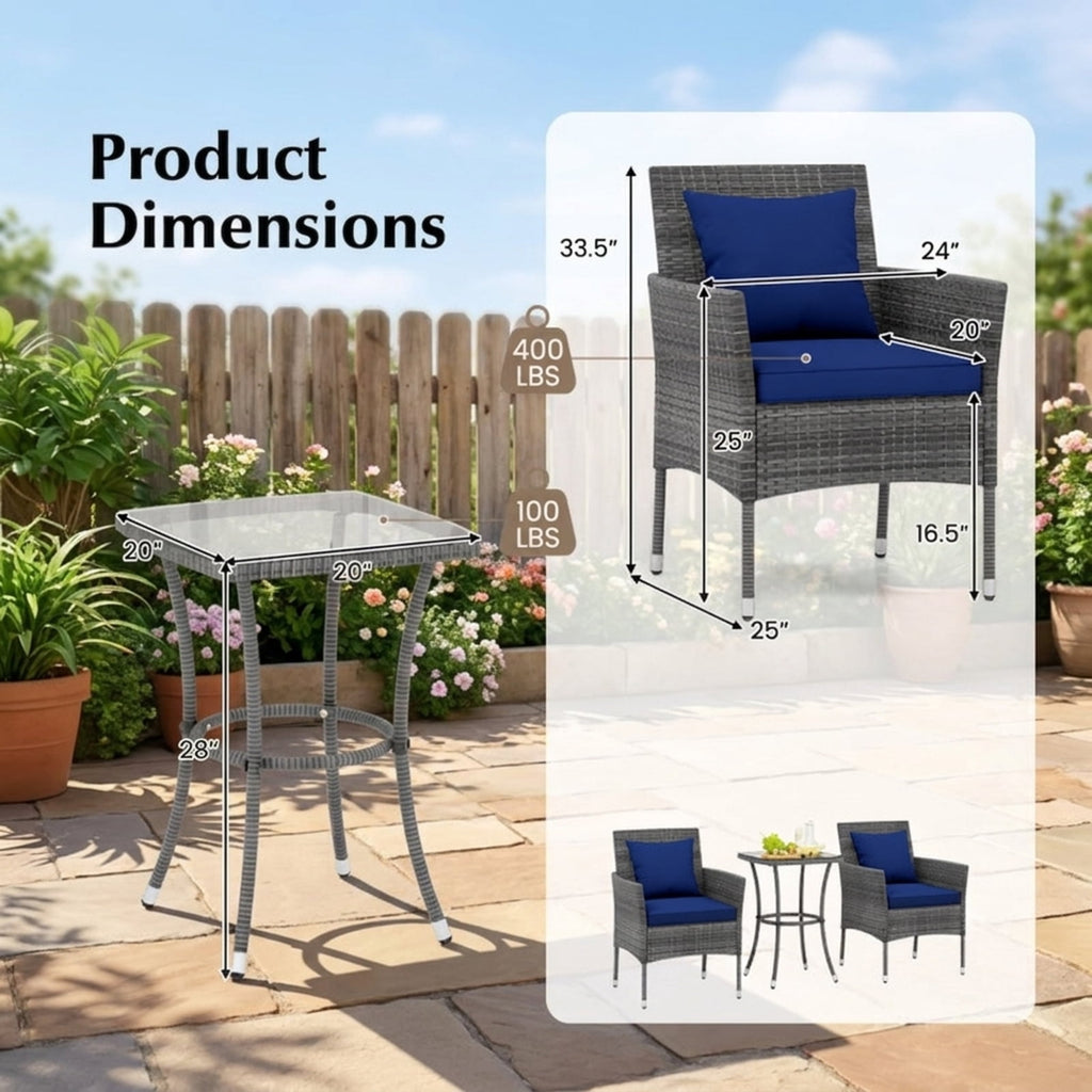 Biotree 3 Pieces Patio Furniture Set with Cushioned Patio Chairs and Tempered Glass Coffee TableNavy