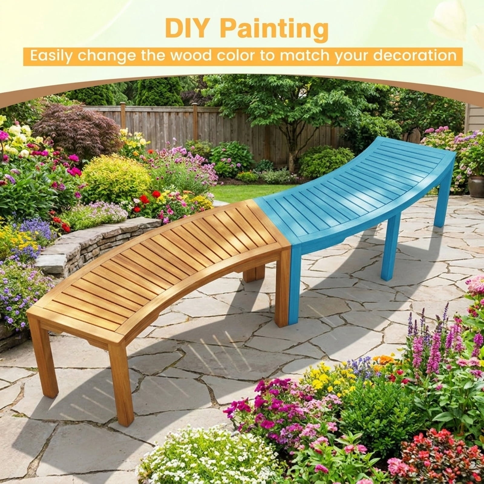 Biotree Set of 2 Outdoor Bench Acacia Wood Curved Garden Bench 2-Person Stackable Patio Chair for Garden BackyardNatural
