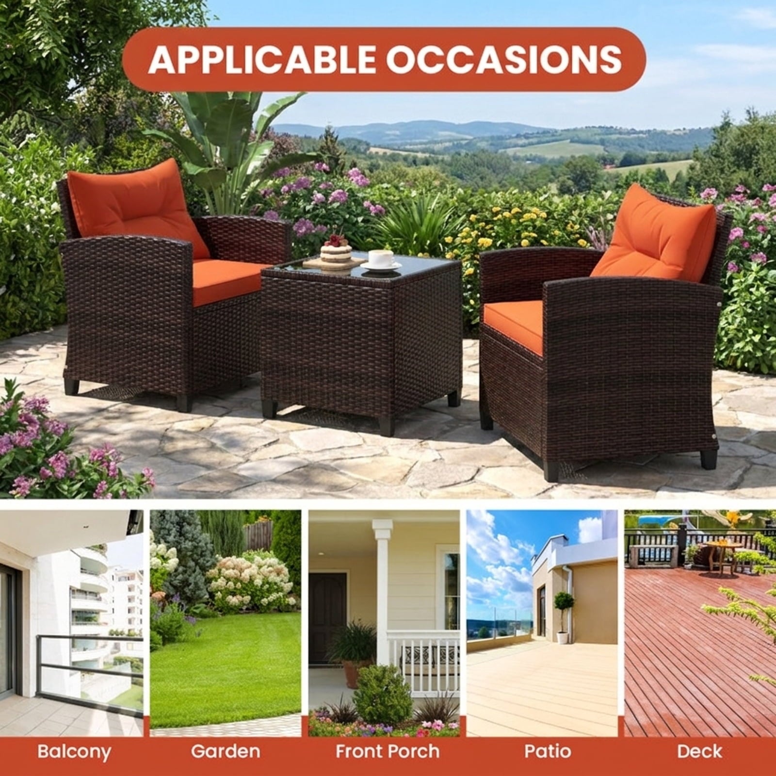 Biotree 3 Pieces Rattan Patio Furniture Set with Washable Cushion Outdoor Conversation Set for Garden Backyard PorchOrange