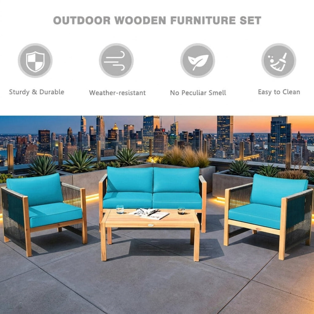 Biotree 4 Pieces Acacia Wood Outdoor Patio Furniture Set with Cushions Outdoor Conversation Set for Garden Backyard PorchTurquoise