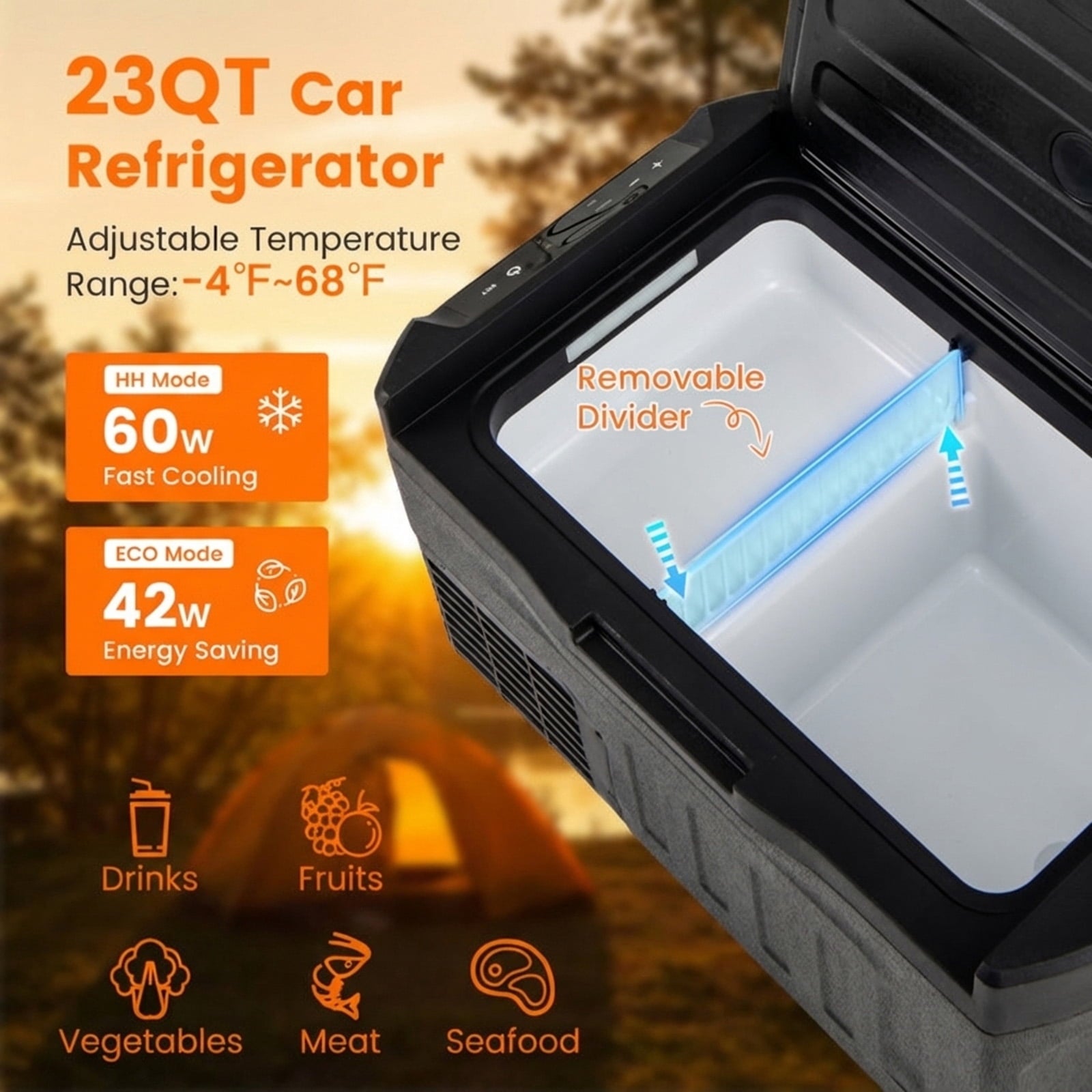Biotree 12V Car Refrigerator 23 Qt with Touch Panel and Removable Divider, Black