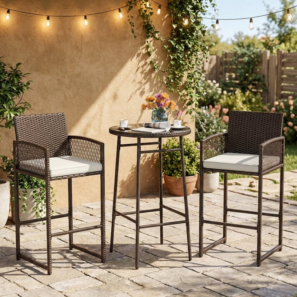 Biotree 3-Piece Patio Bar Set with Round Glass Table and Rattan Armchairs, White - Outdoor Patio Bar Height Furniture Set for Deck Garden