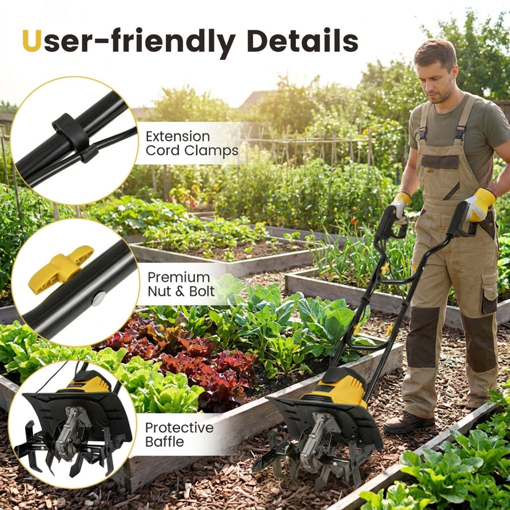 Biotree 10 Amp Powerful Corded Electric Tiller Cultivator with Safety Lock for Lawn Garden Yard Soil Care, Yellow