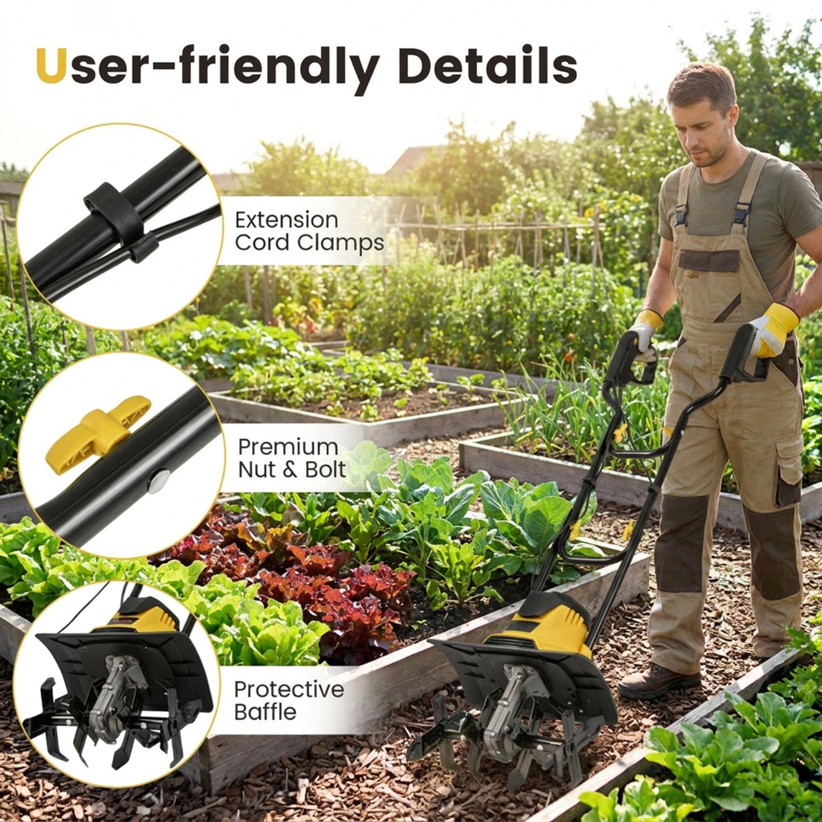 Biotree 10 Amp Powerful Corded Electric Tiller Cultivator with Safety Lock for Lawn Garden Yard Soil Care, Yellow